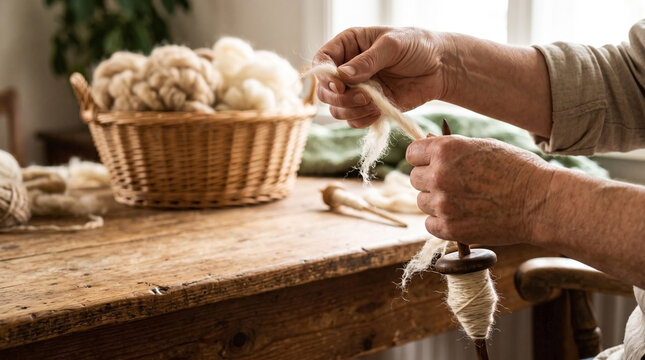 Hands operate traditional wool spindle, spinning natural wool. Close up shows raw wool, emphasizing traditional wool spindle skill. Ideal for content on heritage, craft, traditional wool spindle.