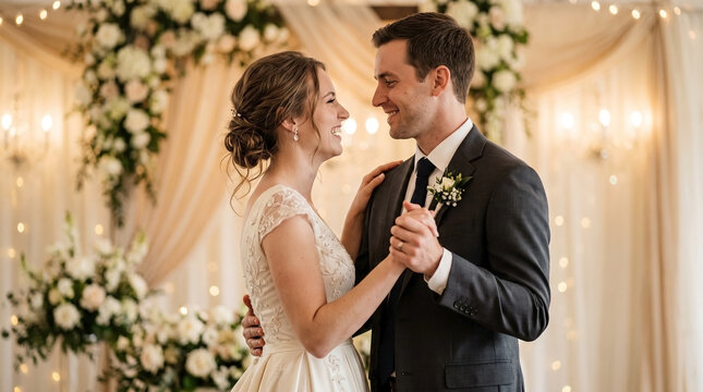 Wedding couple sharing first dance in decorated venue with flowers and soft lighting. Emotional moments captured during traditional wedding ceremony highlighting love and celebration.