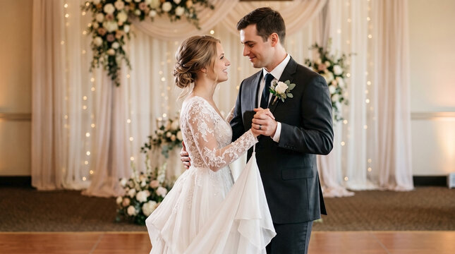 Wedding couple dancing together during first dance surrounded by floral decorations and warm lighting. This romantic moment captures wedding traditions with elegance and joy,