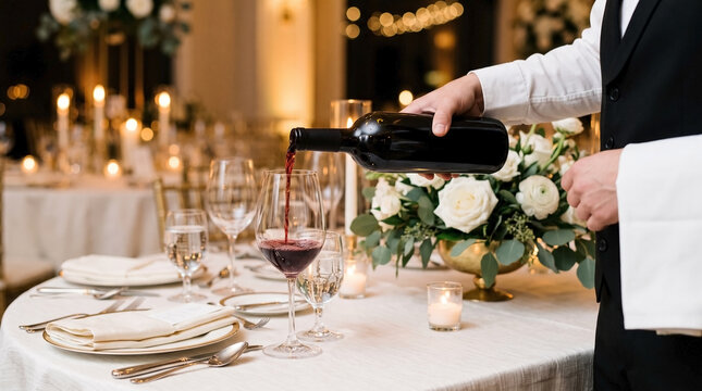 Elegant wedding reception with formal dinner service and wine pouring at beautifully set table. Wedding reception features exquisite table settings, candles, and floral arrangements.