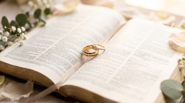 Wedding rings resting on open pages of a bible with flower petals and greenery surrounding. Wedding rings symbolize love and commitment, nestled on sacred scripture.