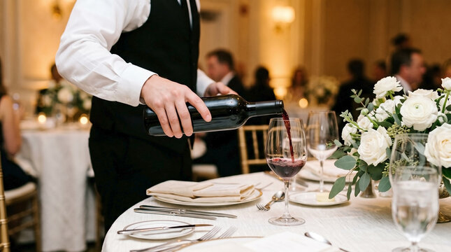 Formal dinner reception with waiter pouring red wine into glass at elegant wedding event, beautifully set table featuring floral arrangements and dining ware, ideal for celebration concepts.