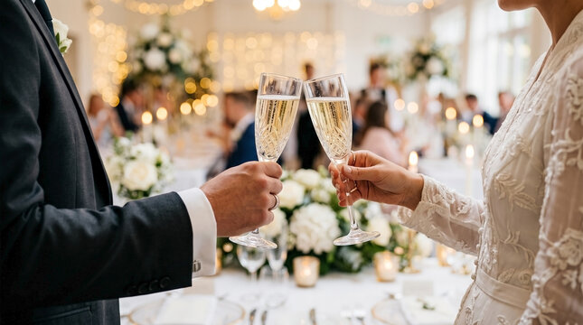 Wedding toast with raised champagne glasses during celebration in elegantly decorated venue. Couples celebrate joyful union with champagne toasting,