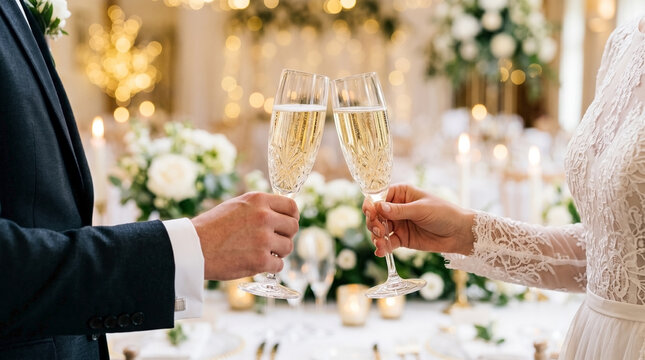 Wedding toast with champagne glasses raised by couple at elegant reception. Intimate wedding toast atmosphere with soft lighting and floral decorations on dining table.