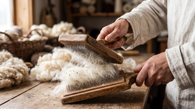 Close up of woman carding wool, processing raw natural fiber with traditional wooden hand carders on rustic workbench. Skillful woman preparing wool for spinning, demonstrating ancient craft.