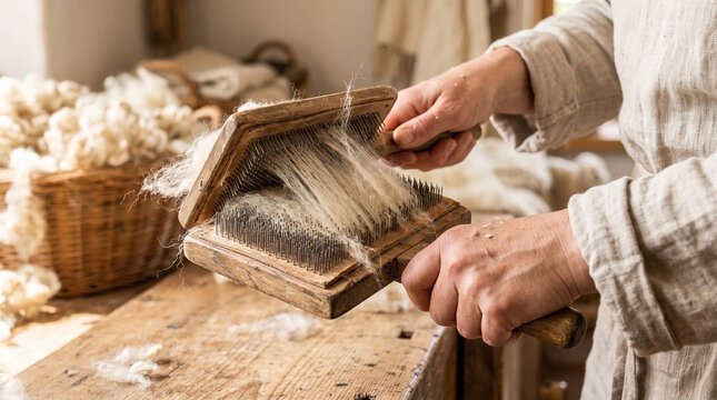 Woman carding wool, processing raw sheep fleece with traditional hand cards. Skillful woman carding wool prepares natural fiber for spinning. Perfect for traditions, workshops, textile art,
