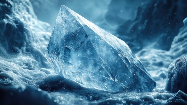 Large ice crystal sits on an icy, frosted surface