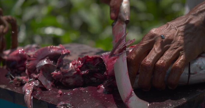 Fish cutter works through fresh catch with heavy blade strokes on a wooden board as raw sections shift around the outdoor preparation area