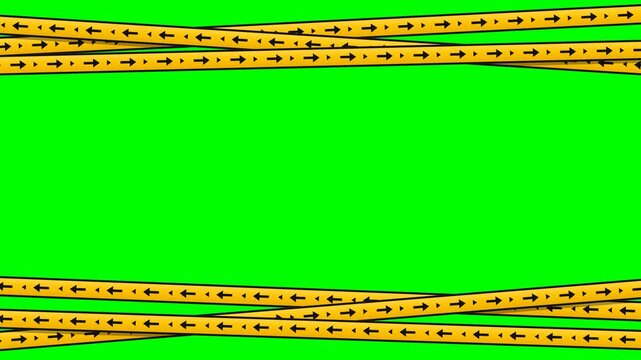Yellow Warning Tape with Black Arrows Moving Across a Green Screen for Attention and Safety Announcements.