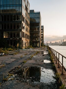 Damaged glass office buildings beside a neglected riverfront walkway. Urban decay and infrastructure decline. Abandoned commercial district and post-industrial waterfront.