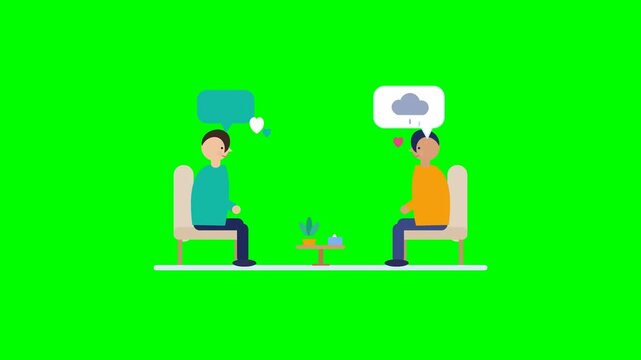 Animated men discussing emotions with speech bubbles on green screen