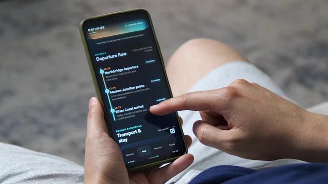 Traveler reviews a mobile coastal itinerary with transport, accommodation and daily plans, highlighting seamless digital trip organization and modern travel planning.