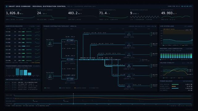 Premium 4K smart grid command dashboard visualizing live electricity load, substation performance, and distribution topology with cinematic data analytics motion graphics.