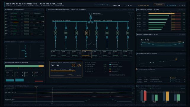 4K power distribution dashboard animation featuring electrical network topology, transformer load alerts, and feeder status monitoring for utility operations visualization.