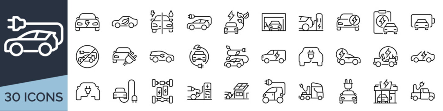 Set of 30 outline icons related to electric vehicle. Linear icon collection. Editable stroke. Vector illustration