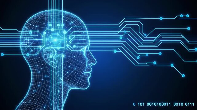Digital brain connecting with technological circuits during futuristic data processing