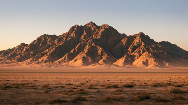 Majestic rocky mountains rise dramatically over a barren desert landscape under a clear sunrise sky. Breathtaking natural wilderness scene for travel and geography themes.