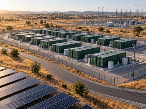 Solar energy storage facility with numerous green battery containers and photovoltaic panels under clear sky at sunset for sustainable power solution.