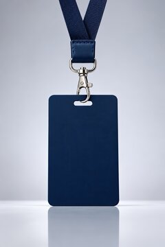 Blank navy blue id card lanyard isolated on neutral grey background for professional employee badge access pass identification and corporate security usage.