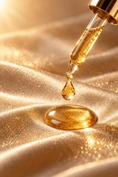 Skincare serum dropper with golden liquid glistening on shimmering silk fabric capturing light for beauty and cosmetic advertising.