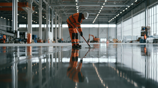 A worker in safety gear cleans a large factory floor with a squeegee under bright lights. Industrial maintenance concept for facility management.