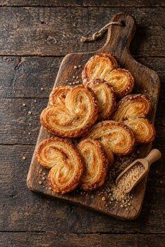 Freshly baked palmiers puff pastry heart shaped cookies dusted with brown sugar crystals served on rustic wooden cutting board over dark timber tabletop planks.