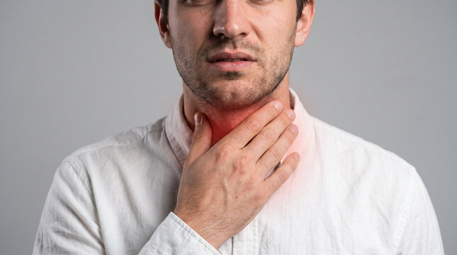 Man with Sore Throat Touching Red Inflamed Neck in White Shirt