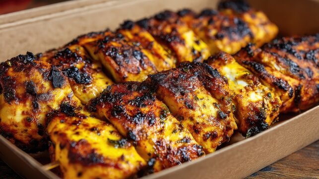 Grilled Chicken Skewers with Spicy Marinade in a Brown Paper Box