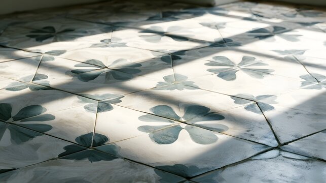 Sunlight patterns cast across a floor of decorative floral tiles with muted blue and white tones
