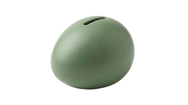 Sage green egg-shaped piggy bank with a slot for coins placed against a clean white background, symbolizing savings and financial growth.