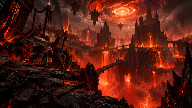 Underground Hell Landscape, Dark Fantasy Environment Background Illustration, Infernal Caverns, Fiery Lava Rivers, Volcanic Rock Formations, Demonic Underworld