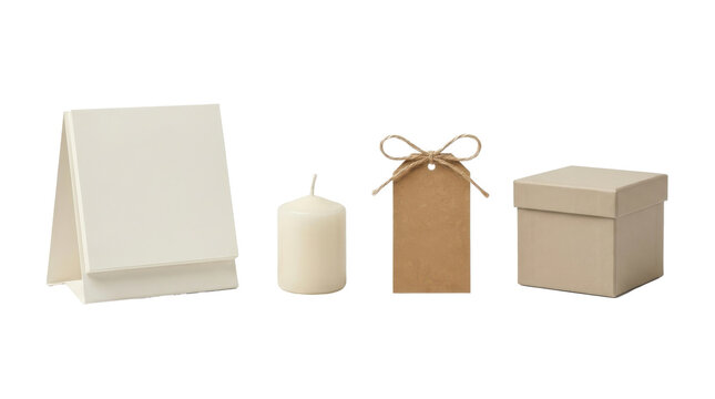 Neutral toned artisanal gift box, unscented candle, and kraft paper tag arranged for celebratory packaging mockups