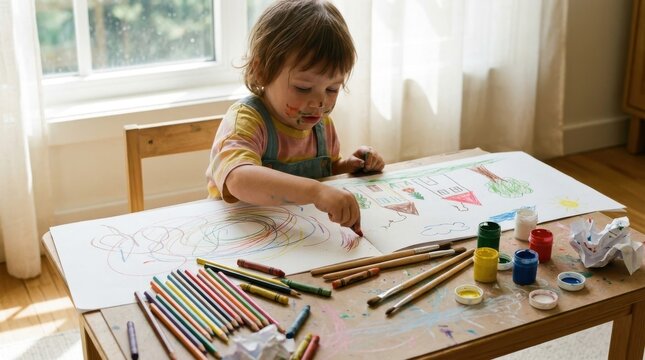 Young child sitting at wooden table, enthusiastically coloring on large paper with crayons and paints, soft natural light illuminating the creative scene indoors.