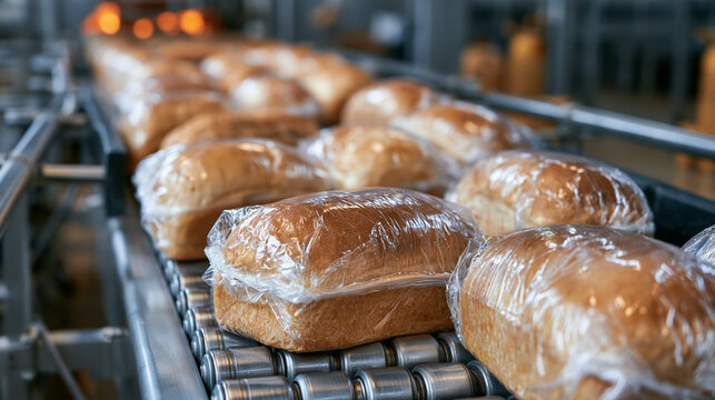Wrapped loaves of fresh bread moving along a roller conveyor belt in a bakery factory. Ideal for food production and supply chain concepts.