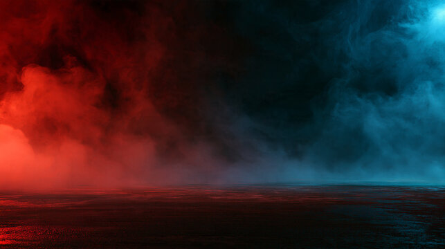 Abstract background featuring red and blue swirling smoke over a dark floor. Perfect for dramatic cinematic visuals or modern technology advertising concepts.