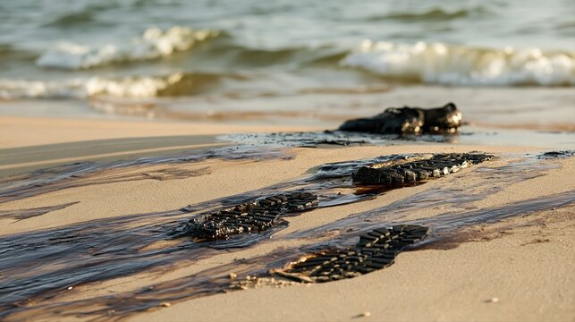 Oil-stained boot prints and black streaks mar a wet sandy beach. The close-up scene captures environmental pollution with blurred waves in the background.