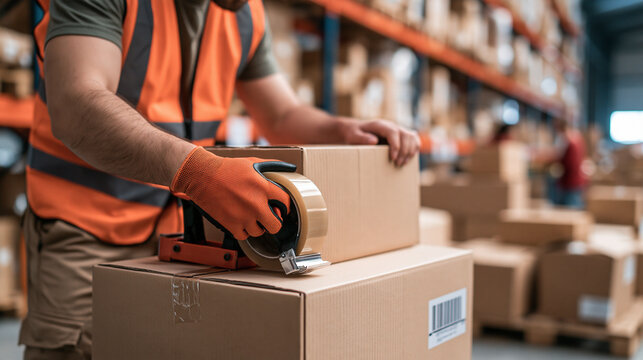 A warehouse worker in a high-visibility vest uses a tape gun to seal a cardboard box. Ideal for logistics and shipping concepts.