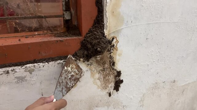 Hand using a metal scraper to clean and remove termite nest and dirt from a wooden window frame on a house wall, pest control footage.