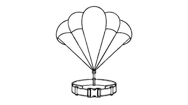 Parachute canopy with cords converging on a short riser, attached to a waist belt with a buckle, drawn as a black line vector icon for skydiving and air sports
