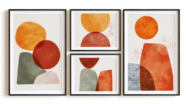 Four framed abstract botanical art prints with warm terracotta and sage green shapes on a wall. Cozy interior decor concept for modern living spaces.