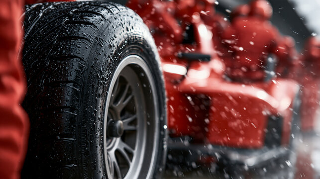 Wet race car tire close-up with rain droplets and blurred red car in pit stop. Motorsport concept for sports and automotive industry banners.