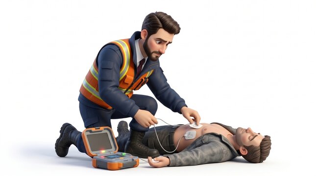 3D Paramedic Mascot Applying Automated Defibrillator DAE Pads