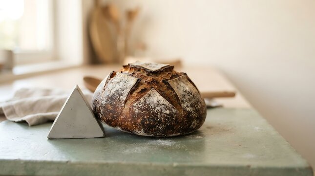 Freshly baked sourdough bread loaf with a concrete pyramid on a green surface
