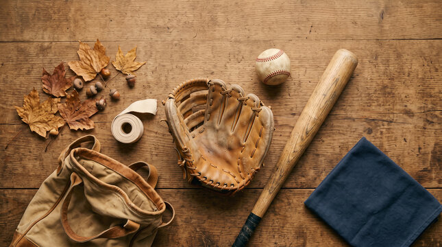 top view of vintage baseball gear with leather glove and wooden bat