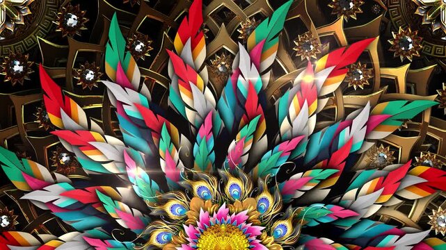 Feathers and Gold Ornament - Vibrant Peacock Feathers and Golden Mandala Decoration Animation