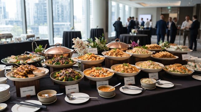 Catered buffet lunch with asian dishes at a corporate business event