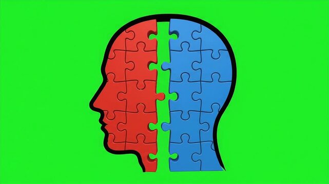 3D cel shaded bipolar disorder puzzle splitting head silhouette green screen
