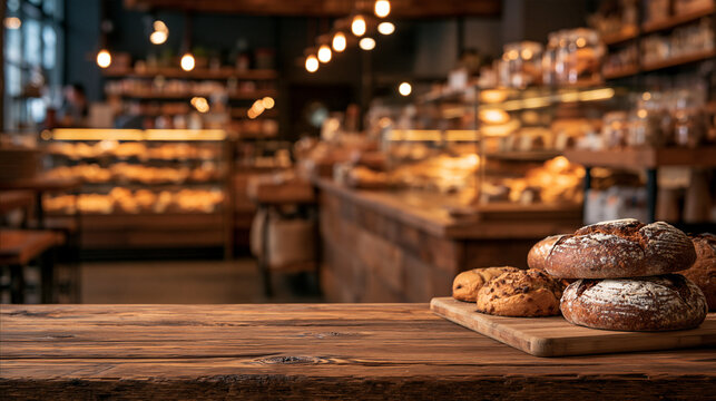 Fresh artisanal bread rests on a wooden board inside a rustic bakery. Food photography for culinary concepts or local shop promotion.