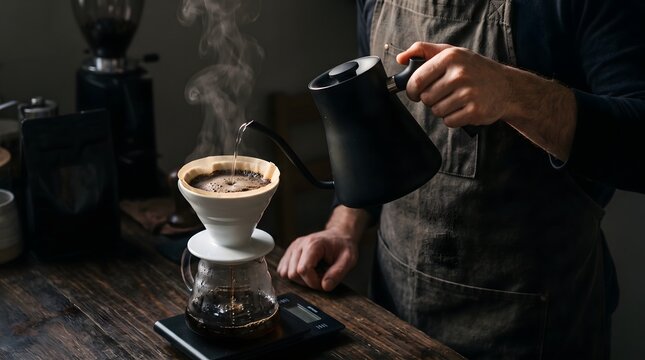 barista pouring water from a black gooseneck kettle into a v60 coffee dripper.. manual pour over coffee brewing.. low-key coffee photography