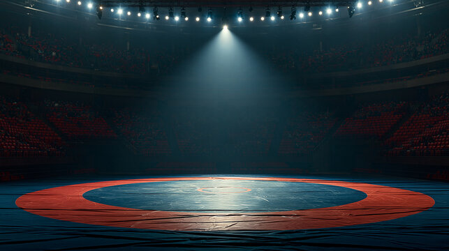 Empty wrestling ring in a dark indoor arena lit by a spotlight. Sports competition venue prepared for a match.